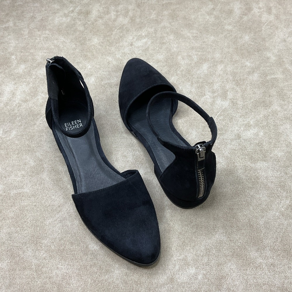 Eileen Fisher Heels 7.5 Sandals Ankle Strap Block Black Suede Vero Cuoio Career - Picture 11 of 13